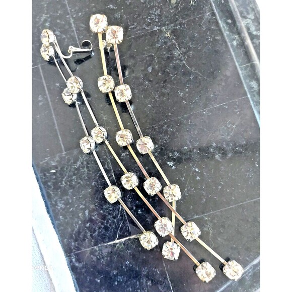 Vintage Glam Shoulder Duster Earrings Silver Tone Rhinestones 2 row 6" 80s - Picture 7 of 7
